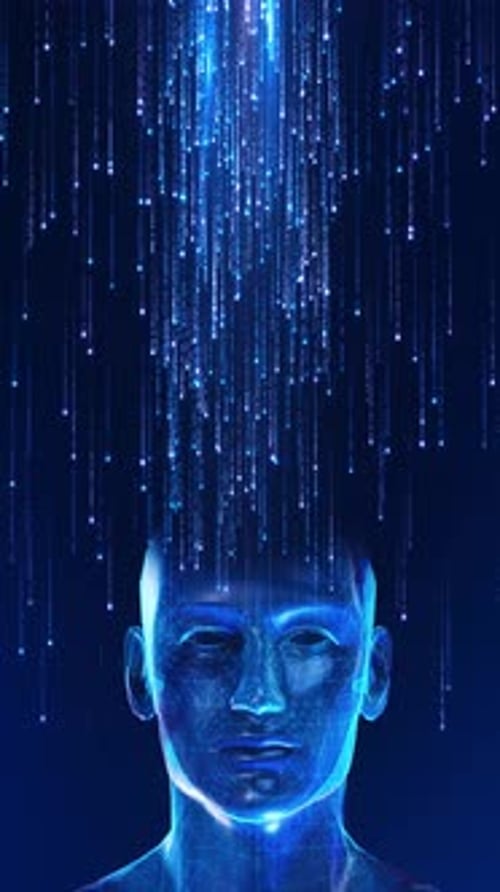 Futuristic Human Head with Digital Data Stream