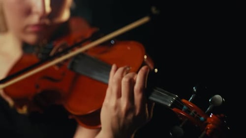 Closeup View of Female Violin Player Hand on Violin Lady Playing Classic Music Details View
