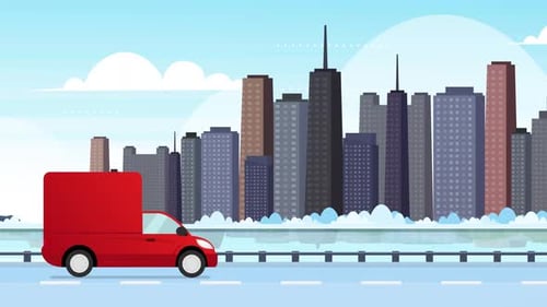 Flat Design Red Delivery Van Driving Through City