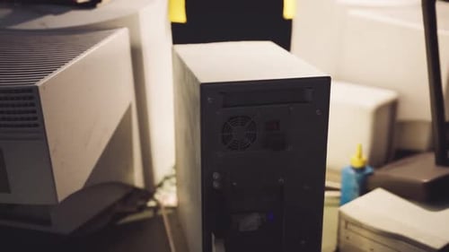 Dimly Lit Workspace Showcasing a Computer Tower and Equipment