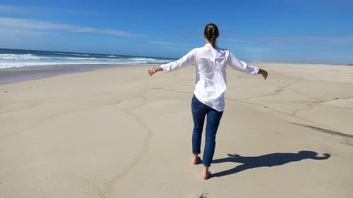 Woman Walking And Enjoying Day On Beach, Super Slow Motion 240fps