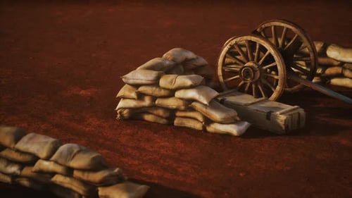 3D Animation of Military Sandbag Fortification and Cannon