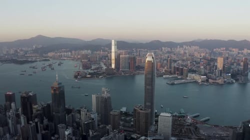Panoramic aerial view of Hong Kong downtown.