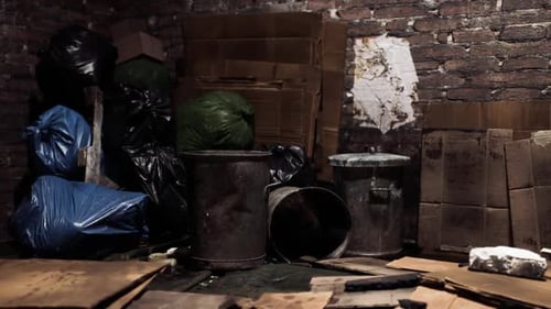 Cluttered Storage Area with Trash Bags and Cardboard Boxes in a Dimly Lit Space