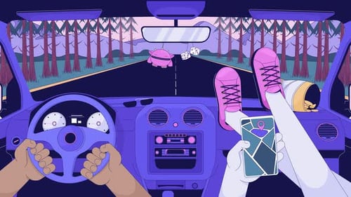 Intérieur de voiture de road trip avec navigation GPS et snacks, fond d'écran animé Lofi Animation