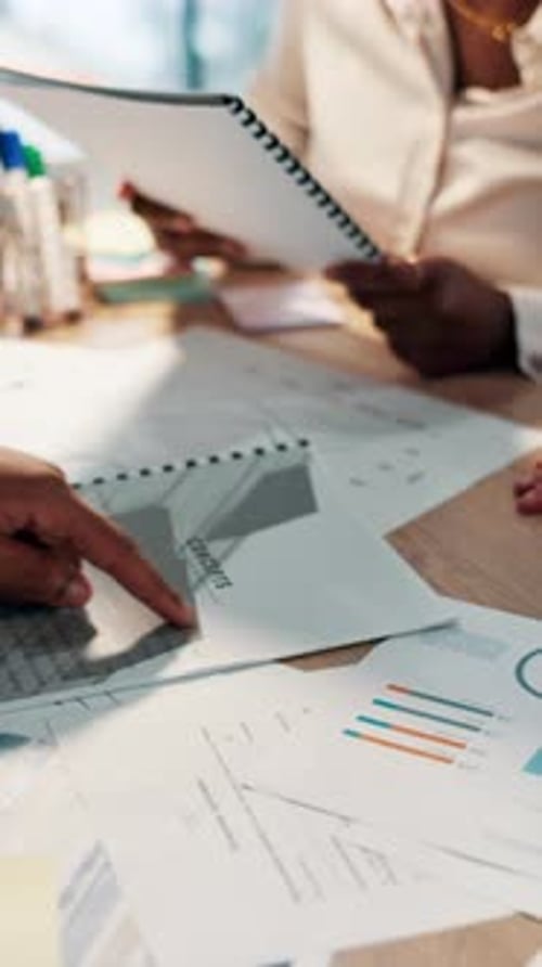 Hands, documents and business people in office, charts and stats with cooperation