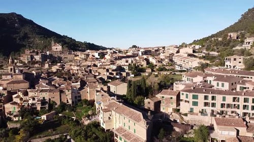 Aerial View of Quaint European Town, Mountain Landscape