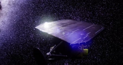 Animated Space Probe with Solar Panels Orbiting in Starfield