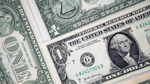 1 dollar bills money cash background US national currency top view. One American dollar