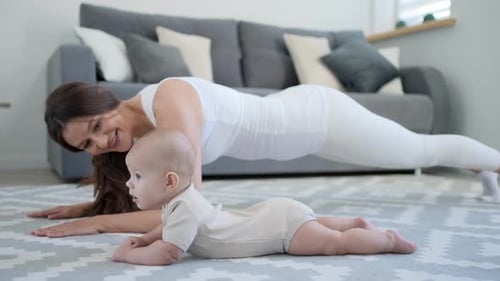 Woman Mother Sport Fitness Home with Little Baby Mom Exercising Works Out Yoga Together Kid Child