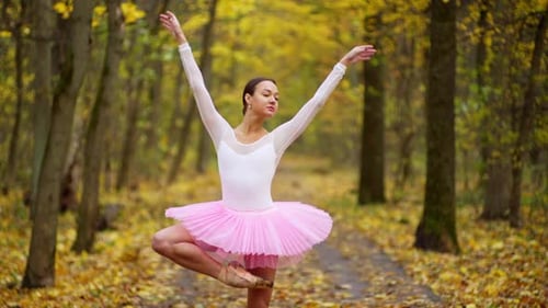 Ballerina Dancing in Forest with Colorful Autumn Leaves