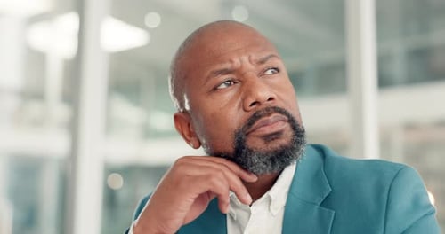 Thinking, manager and mature businessman in office for investment strategy, solution and planning