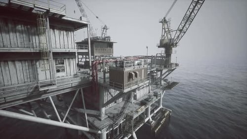 Old Oil Platform Located Offshore with Cranes in the Background and Calm Water
