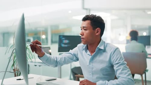 Businessman, software developer and writing with computer for programming