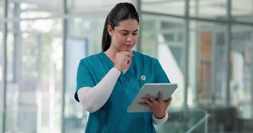 Tablet, woman and nurse in clinic with research for information, diagnosis or treatment plan