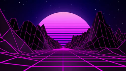 Seamless loop animation with pink purple retro landscape in the synthwave style of the 80s and 90s