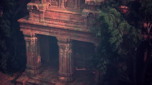 Mysterious Inca Temple Enshrouded in Jungle Foliage at Dusk