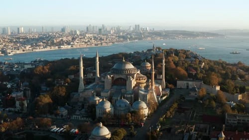 Hagia Sophia - an ancient church and mosque and now a museum in Istanbul, Turkey - aerial drone shot