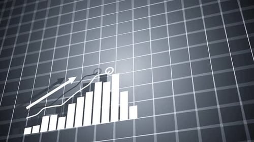 Financial Growth Bar Chart with Upward Trend Line and Arrow on Abstract Grid Background
