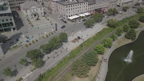drone revealing Montreal Quebec Canada skyline with skyscraper modern building aerial footage