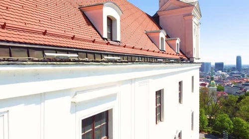 Drone flies around building captures the exterior view at Bratislava, Slovakia