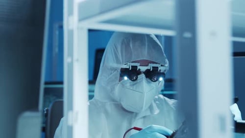 Microelectronics Engineer Works in a Modern Scientific Laboratory on Computing Systems and