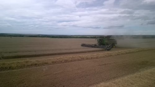 Combine on the field harvesting wheat