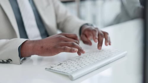 Hands, business man and typing on computer for planning research, information and administration