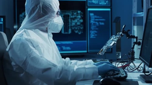 Microelectronics Engineer Works in a Modern Scientific Laboratory on Computing Systems and