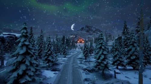 Winter Snowy Scene with Cozy Cabin and Northern Lights