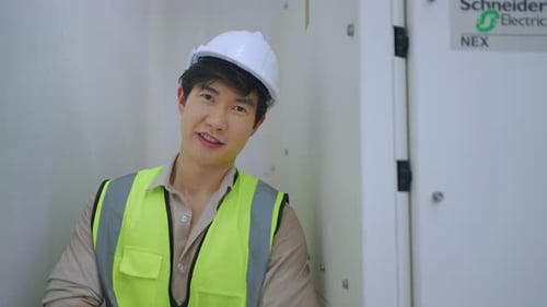 Portrait of Asian man industrial worker working in manufacturing plant.