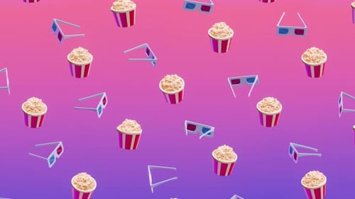 Movie popcorn and cinema 3D glasses on a vibrant purple-pink gradient background.