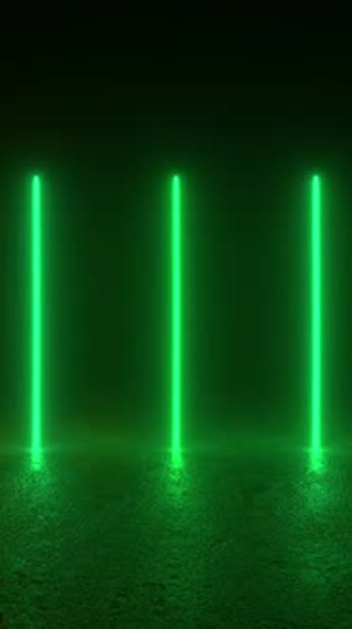 3D-Animationsschleife futuristischer Science-Fiction-Neonröhrenlichter, die auf einem Betonboden in einem dunklen Raum leuchten.