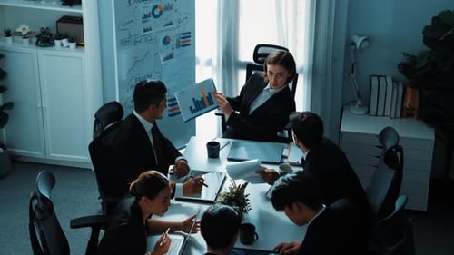 Top view of professional business woman show increase sales chart. Directorate.