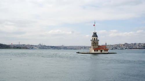 Dolly Shot of Maiden's Tower and the Bosporus Against Sky