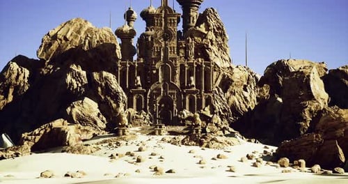 Intricate Ancient Castle Nestled Among Rocky Formations in a Desert Landscape