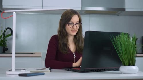 Smiling Businesswoman Finished Computer Work Female in Glasses Stretching Relaxing Seated at