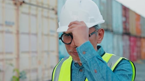 Man in Safety Vest Puts on Hardhat at Shipping Yard