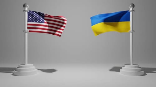 3D Flag of the USA and Ukraine on a flagpole wind emergence on a white background with free space