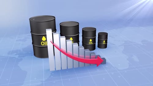 Oil Price Drop with Oil Barrels and Red Arrow Oil Price Decreasing Graph Animation