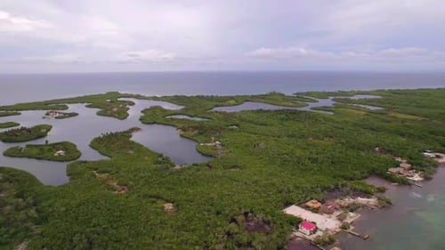 Aerial shot of Tintipan island with jungle in Colombia at overcast day