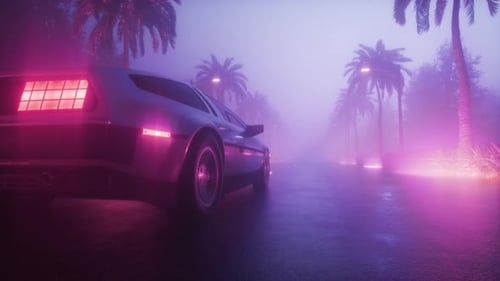 Car Riding At Foggy Road With Landscape Synthwave Background Loop