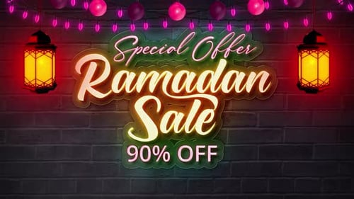 Texte en néon avec lanterne et lumières V12 pour les soldes du Ramadan
