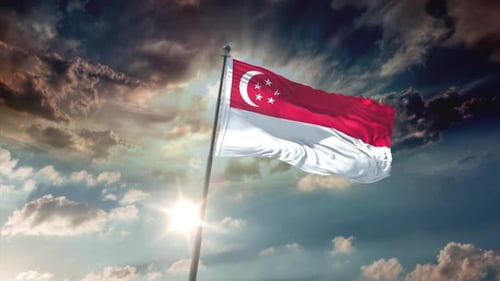Realistic Singapore Flag Waving Seamless Loop with Dramatic Sky