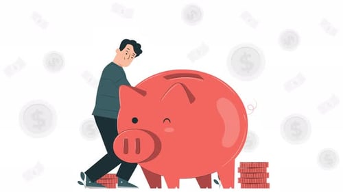 man saving money on a piggy bank 4k animation