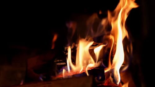 Bright fire on dark background. Wooden logs burning in beautiful vivid fire in fireplace.