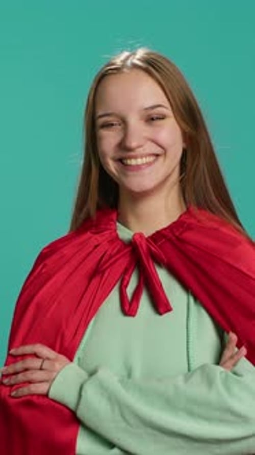 Vertical Video Portrait of Jolly Heroic Person Posing As Powerful Hero Character