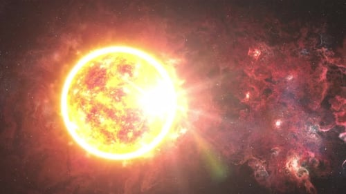 Camera fly away from Sun with solar flares in deep space