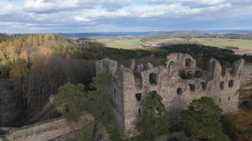 Aerial video above Helfenburk u Bavorova castle ruins aerial view in Czech Republic