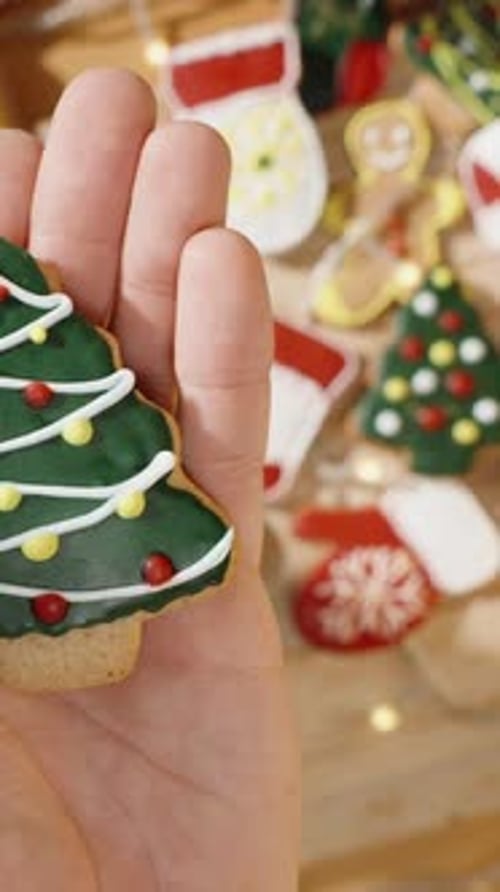 Vertical video. Hand Displaying Decorated Christmas Tree Cookie with Festive Decorations and Lights.
